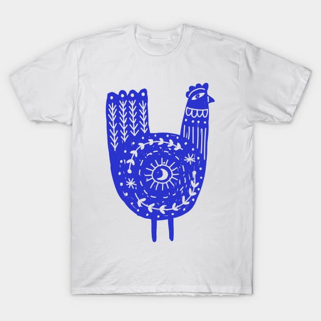 Folk Art Chicken Blue T-Shirt by Pixelchicken